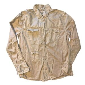 Roots Canada Button Down Long Sleeved Shirt Tan Khaki Color Size Large